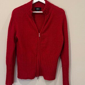 Red Zip Up Knit Cardigan Sweater Women’s Large Mock Neck Allison Morgan